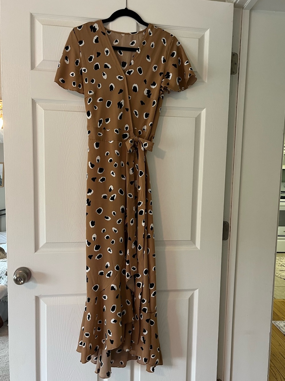 Women’s Tan Wrap Dress with Black and White Spot Print ruffle hem